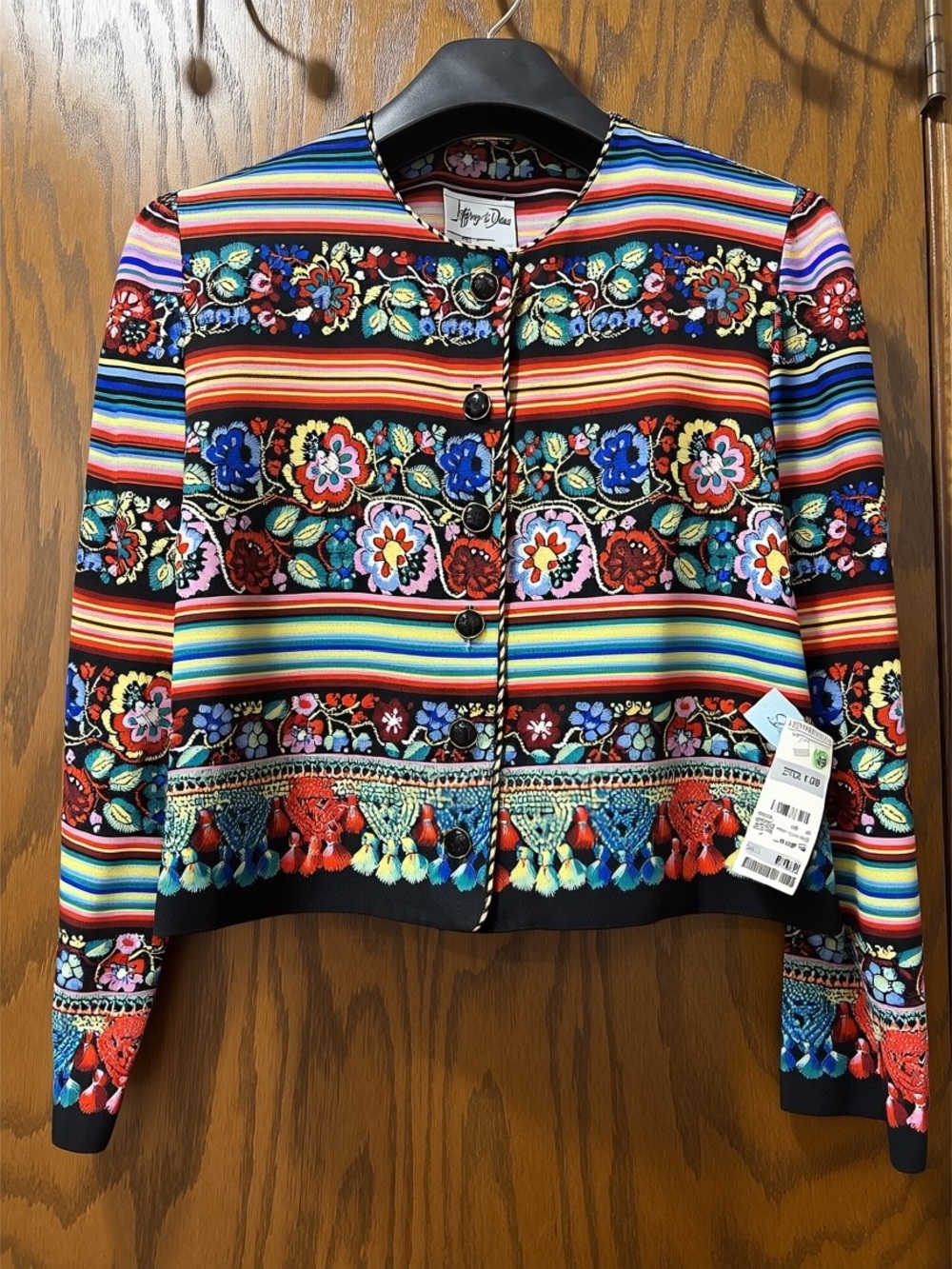 Jeffrey & Dara Multicolor Striped Floral Padded Shoulder Military Crop Jacket 10